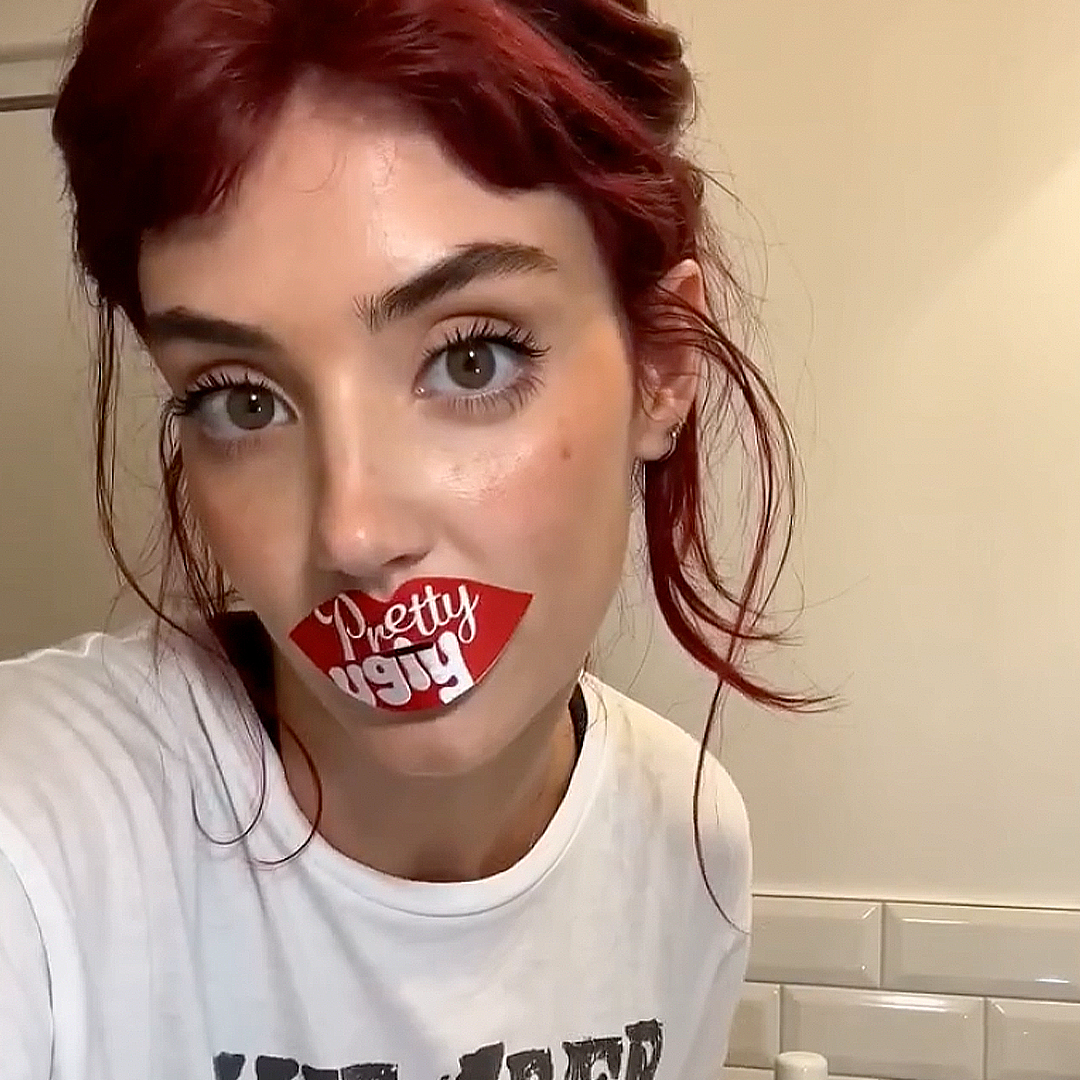 Model wearing Pretty Ugly Mouth Tape