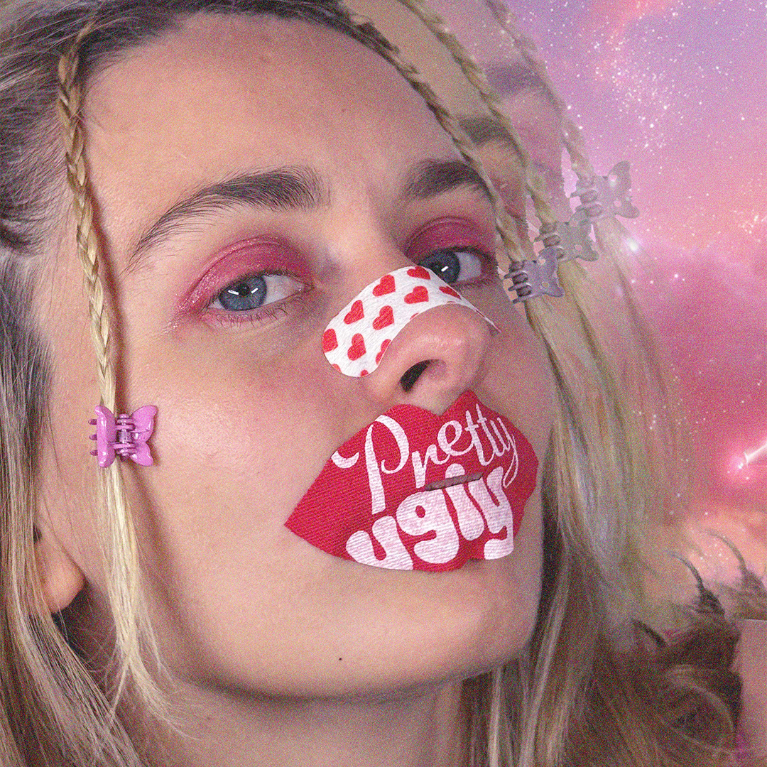 Model wearing Pretty Ugly Sleep Tape Pack